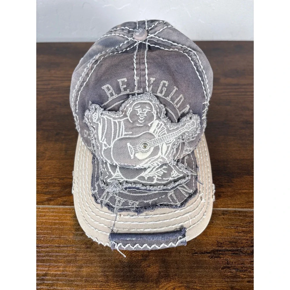 True Religion Distressed Buddha Logo‎ Baseball Cap Grey Tan Contrast Stitch Hat